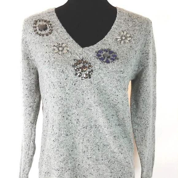 J. Crew Sweaters - J Crew Gray Lambs Wool Sweater Beaded Accdent Med